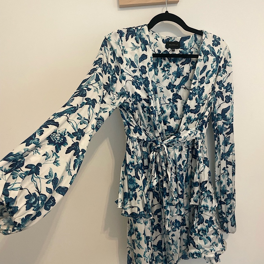 Majorelle small blue floral dress tiered with tie around middle revolve